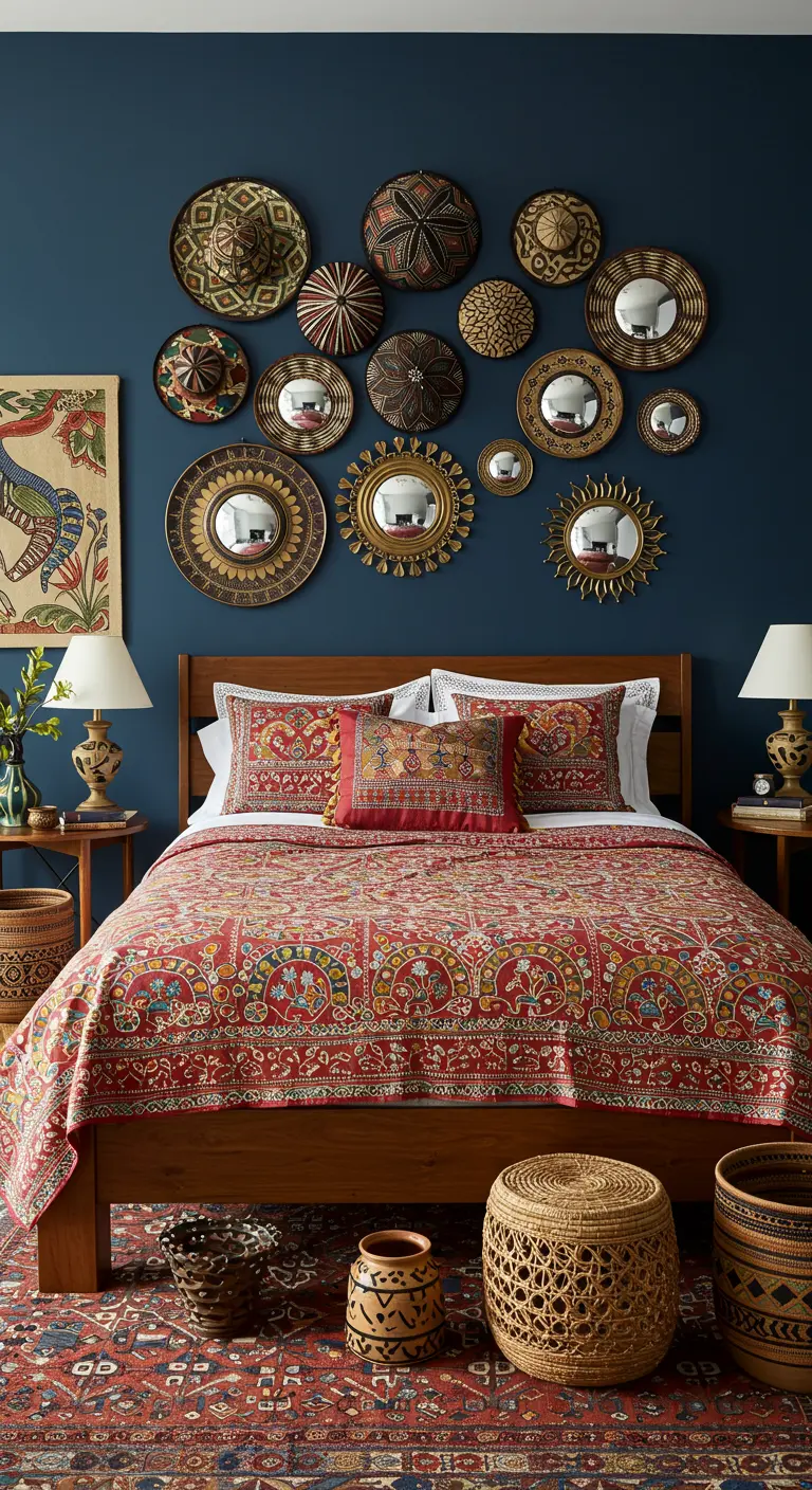 Bohemian slaapkamer met collectie geweven manden en spiegels aan de muur.