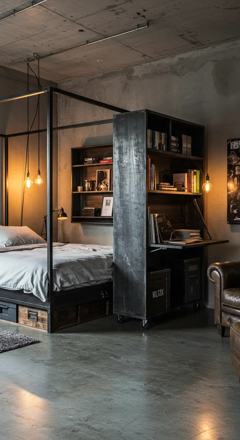 Industriële slaapkamer met metalen bed en verrijdbare kast met werkplek.