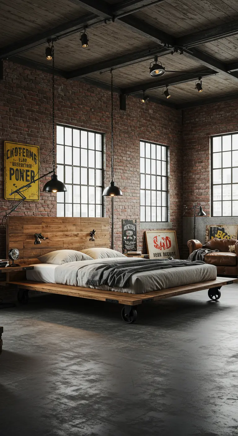 Industriële slaapkamer met een houten bed op grote metalen wielen, los in de ruimte.