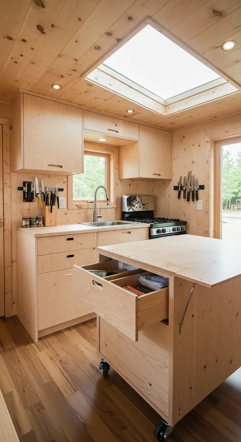 Compacte houten keuken met een verrijdbaar keukeneiland met lades voor extra opbergruimte.