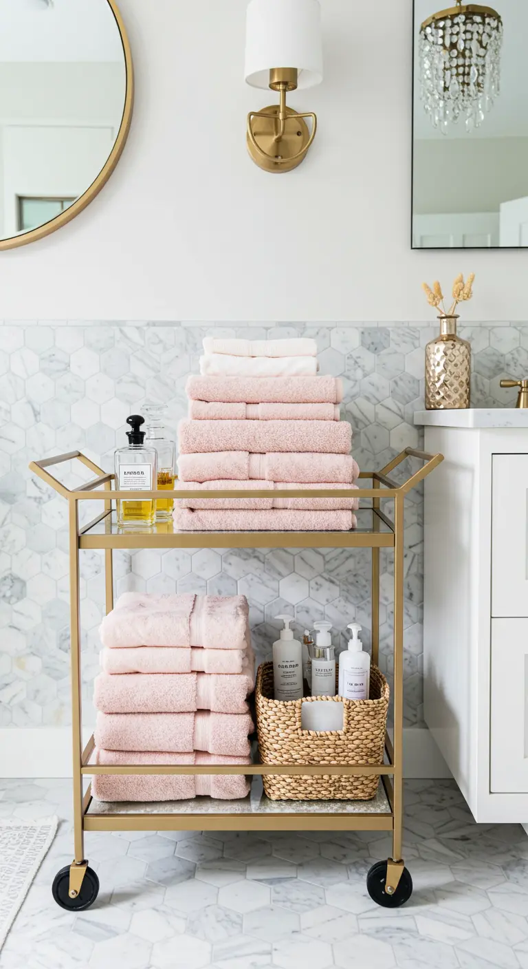 Gouden barcart met roze handdoeken en verzorgingsproducten in lichte badkamer.