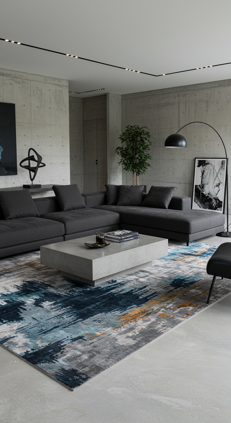 Moderne woonkamer met een abstract vloerkleed in blauw-, grijs- en geeltinten.