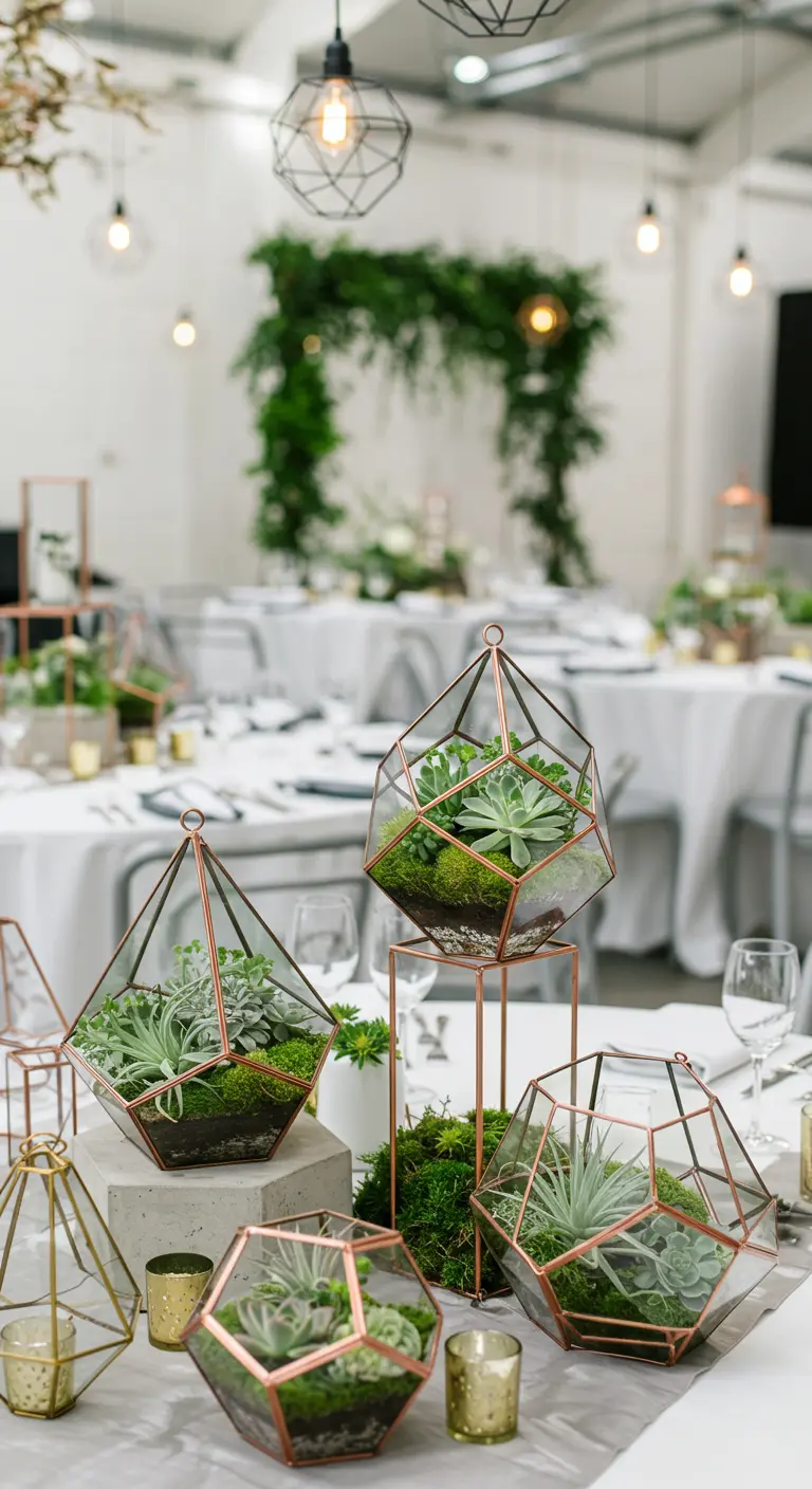 Tafeldecoratie met geometrische terraria gevuld met succulenten en mos.