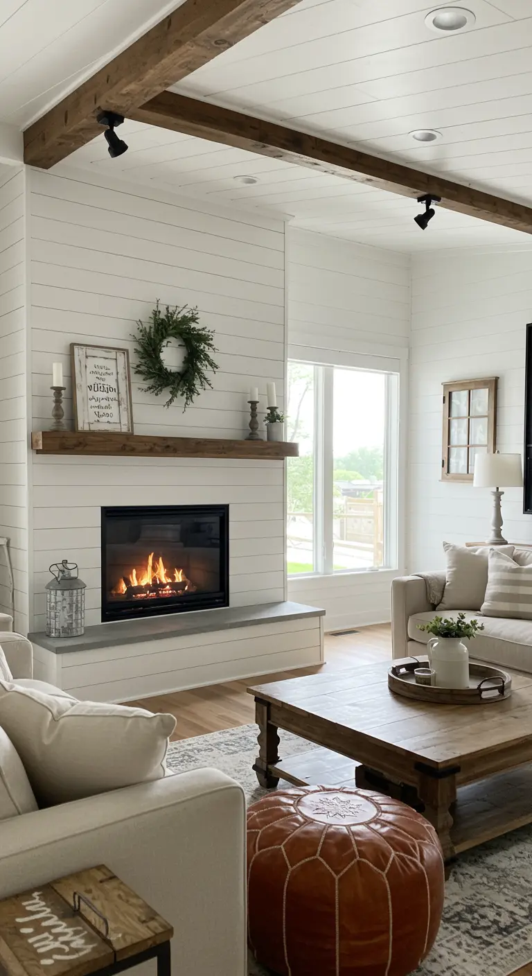 Moderne farmhouse woonkamer met shiplap haardwand en leren poef.