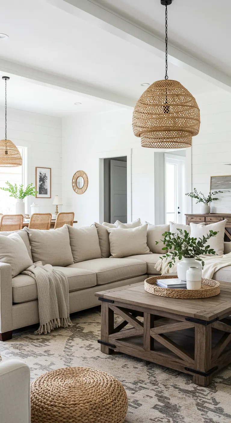 Moderne boerderijstijl woonkamer met een grote rotan hanglamp en een ronde rotan poef.