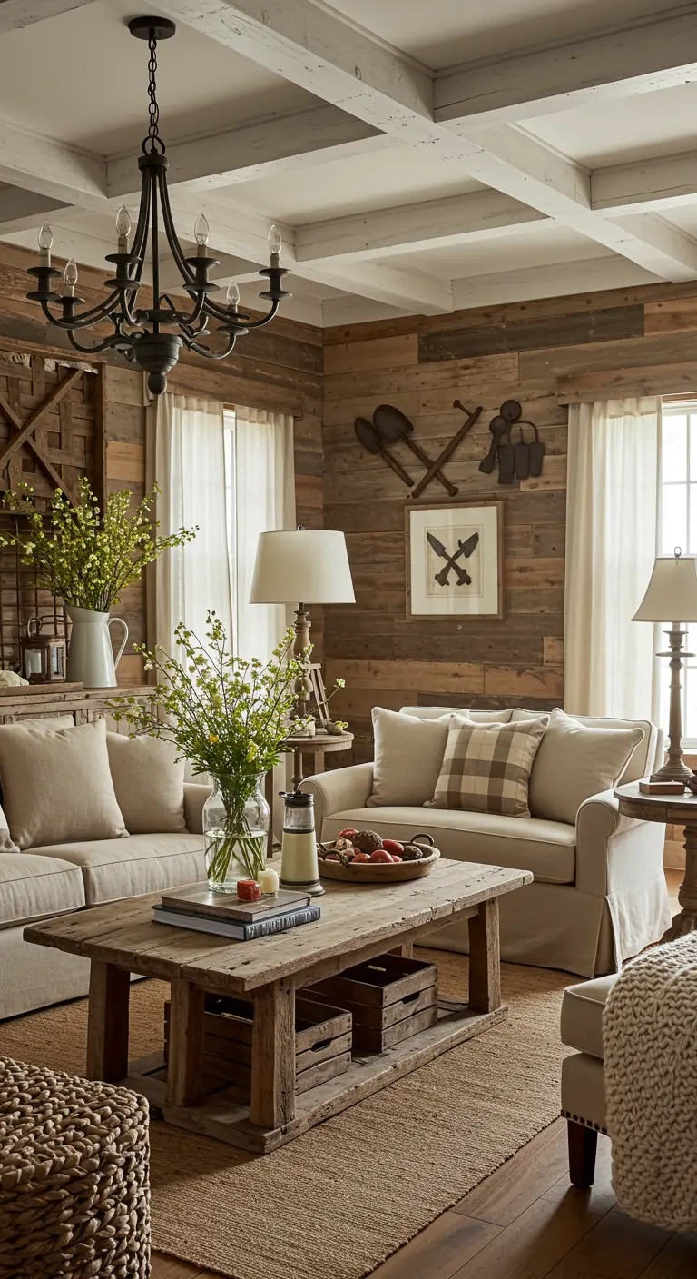 Moderne farmhouse woonkamer met houten wanden, lichte banken en rustieke salontafel.