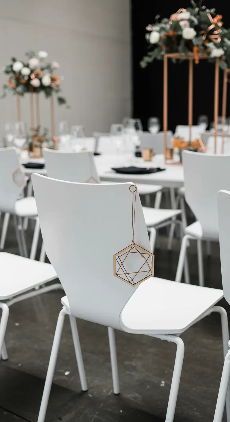 Moderne witte stoel met een hangende goudkleurige geometrische metalen vorm.
