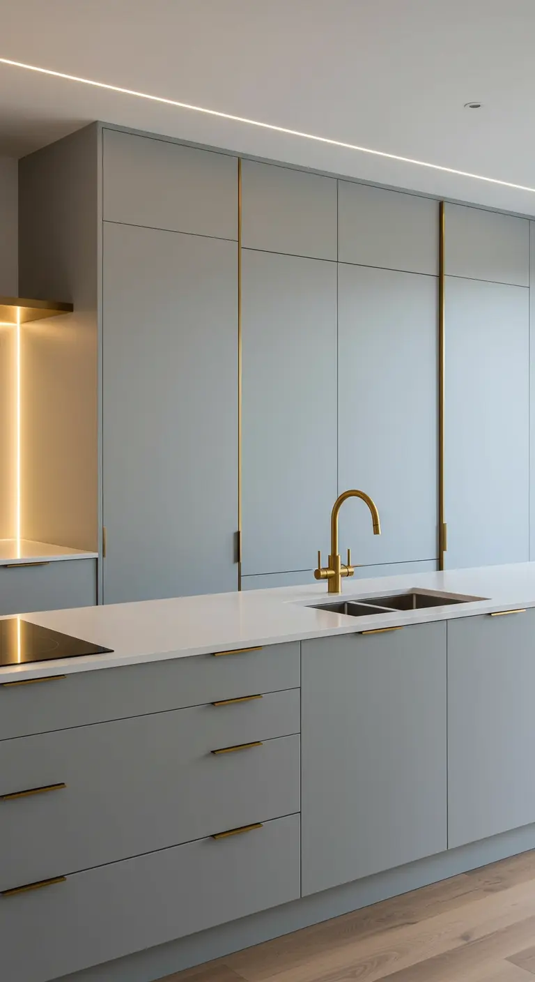 Moderne lichtgrijze keuken met verticale messing strips als handgrepen en messing kraan.
