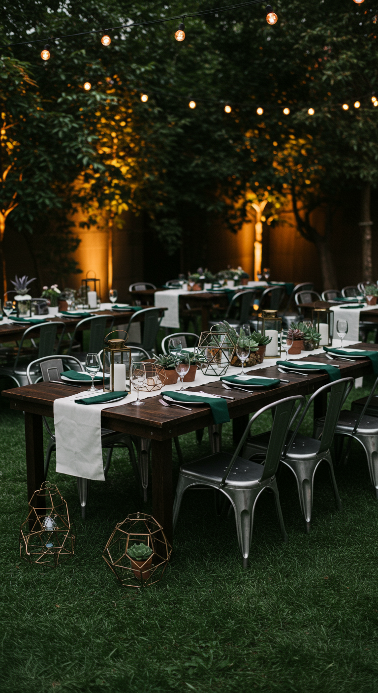 Moderne tuinsetting met donkere tafels, metalen stoelen en geometrische decoratie.