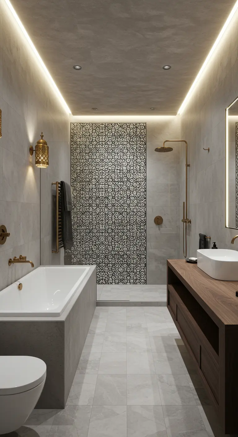 Moderne badkamer met grijze tegels en een accentwand van Marokkaans mozaïek