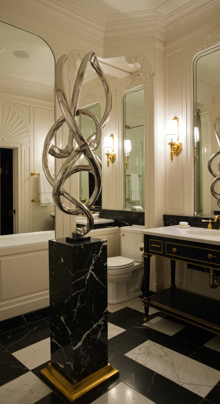 Klassieke badkamer met dambordvloer en een modern abstract metalen sculptuur op een marmeren sokkel.