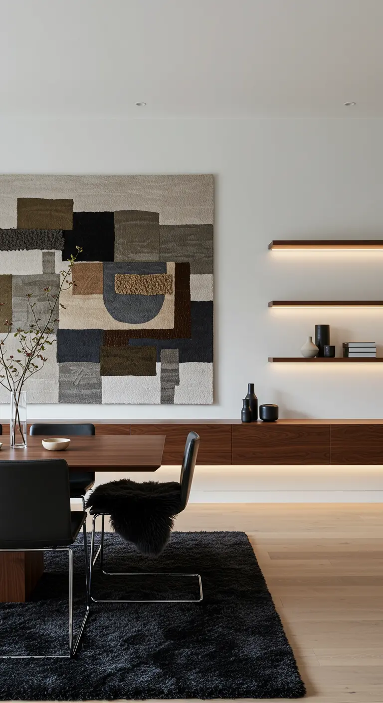 Moderne eetruimte met abstract wandkleed, donkerhouten meubels en zwart hoogpolig tapijt.