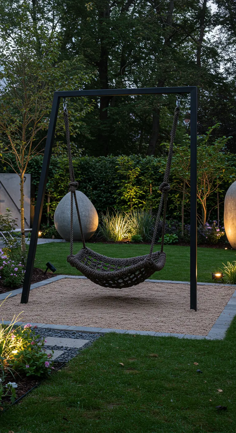 Donkere touwschommel in een zwart metalen frame in een modern aangelegde tuin met spotlights.