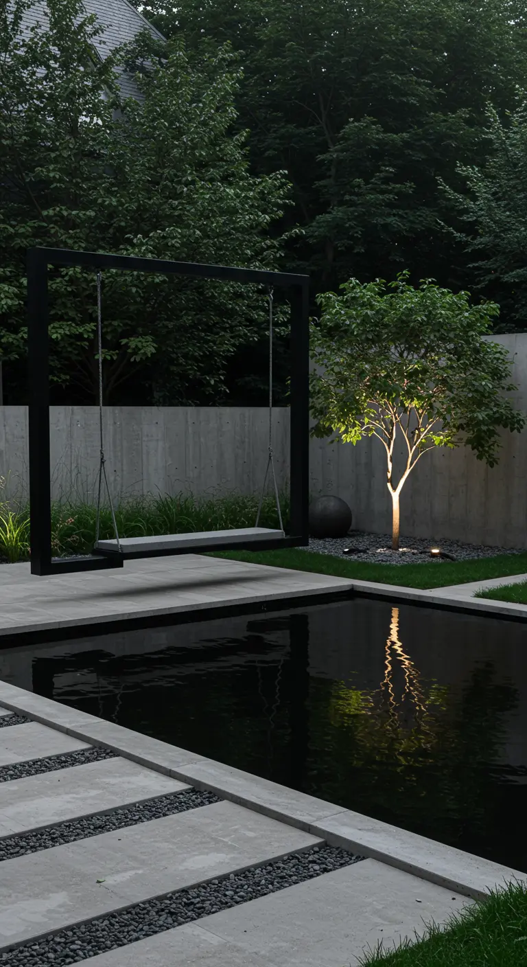 Moderne zwarte frame schommel boven een reflecterende vijver in een minimalistische tuin.