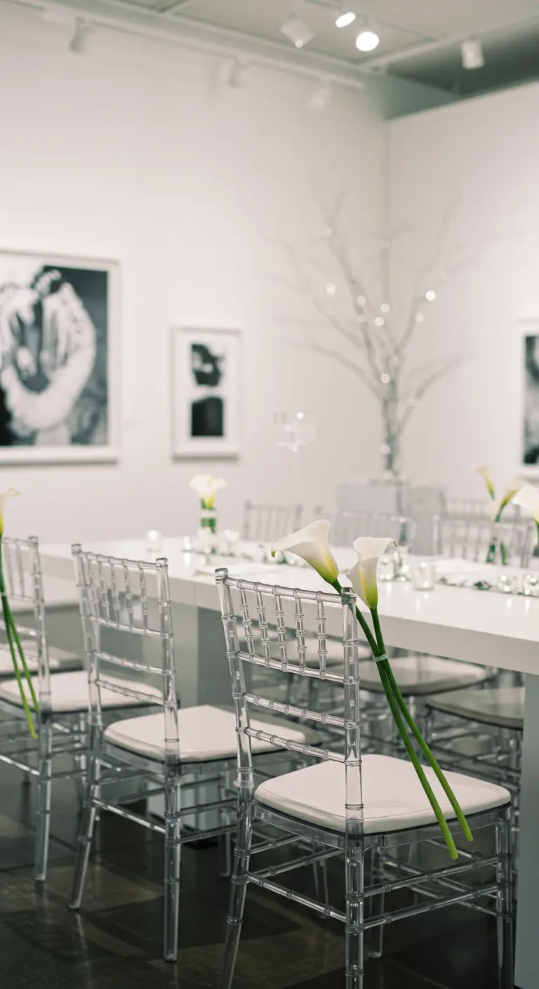 Transparante stoelen met een enkele witte calla lelie als decoratie.