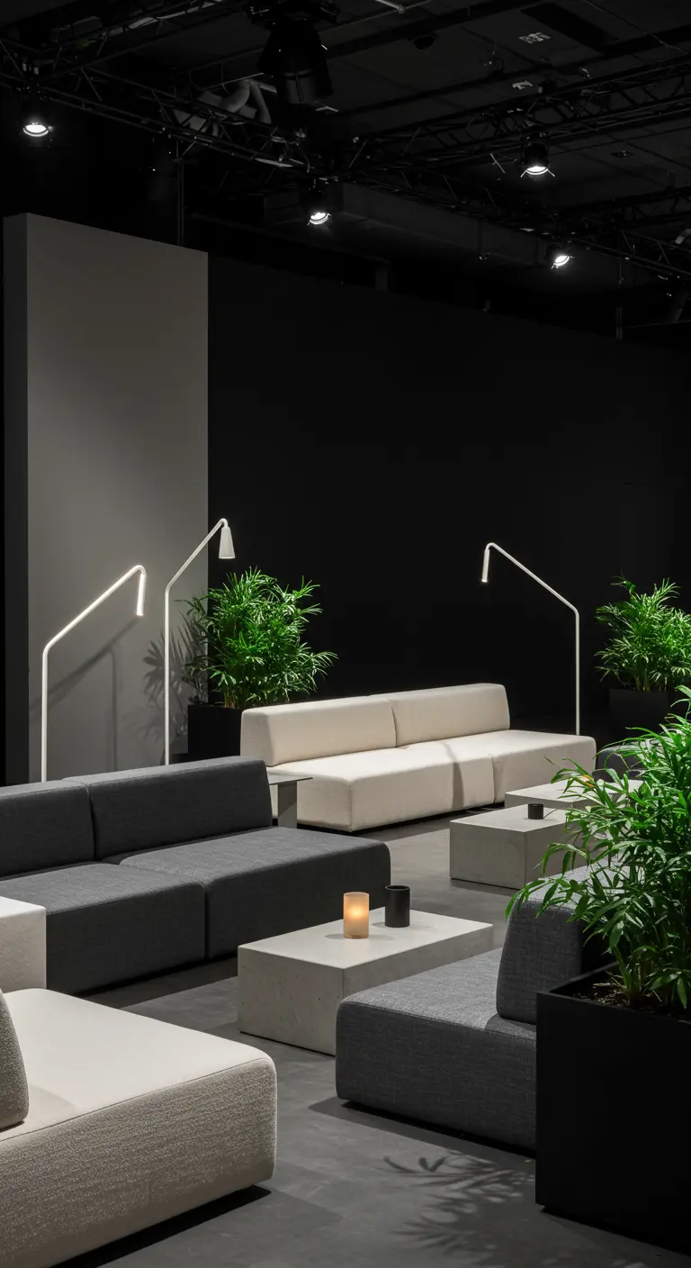 Moderne minimalistische lounge met grijze en crème banken, planten en strakke verlichting.