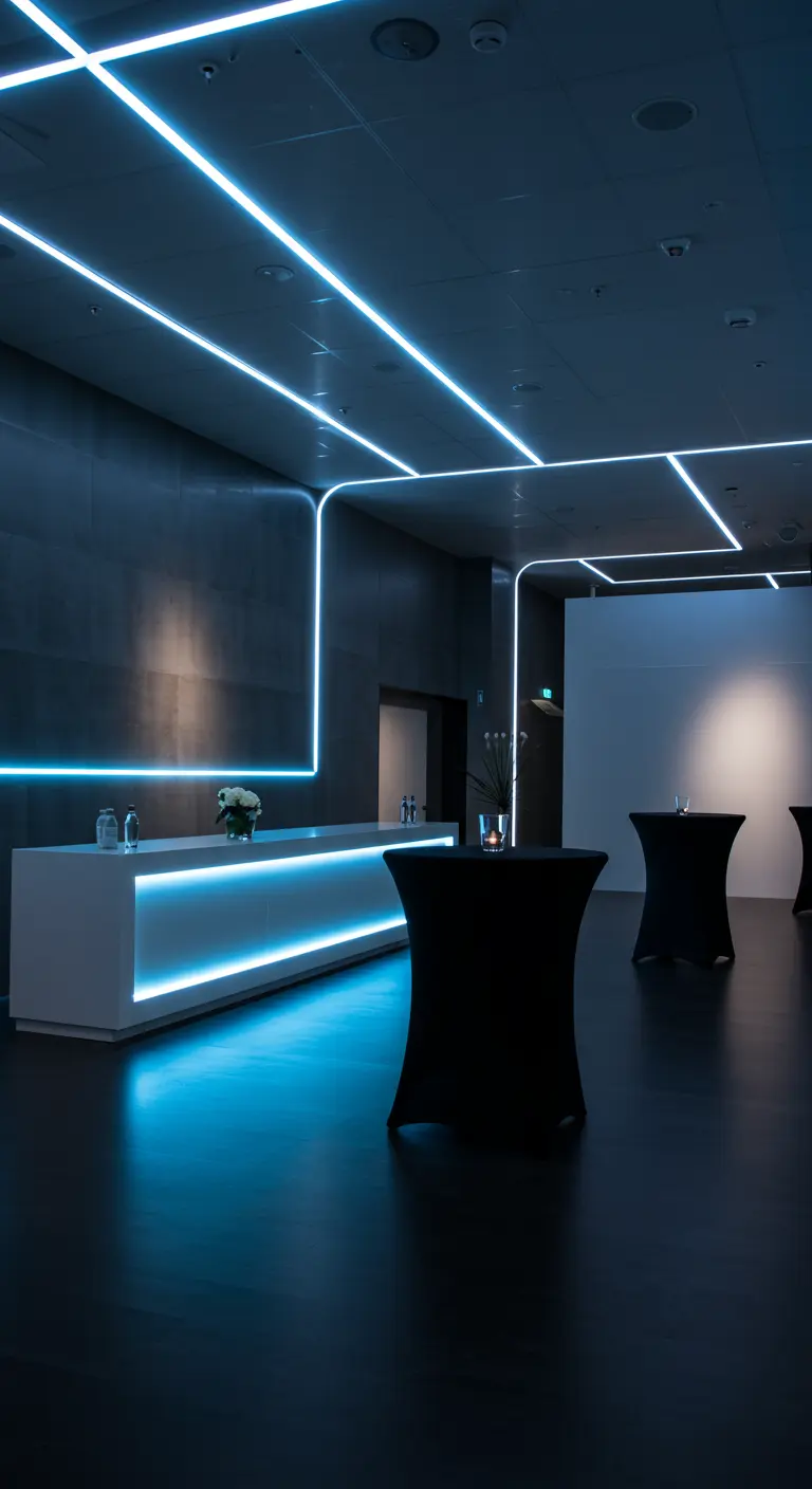 Moderne, donkere ruimte met strakke blauwe LED-lichtlijnen langs plafond en bar.