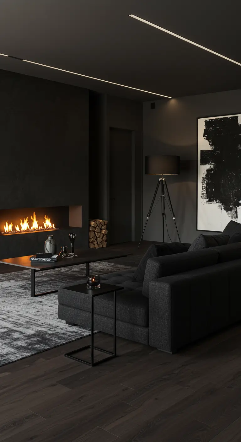 Minimalistische zwarte woonkamer met moderne open haard, modulaire bank en indirecte verlichting.