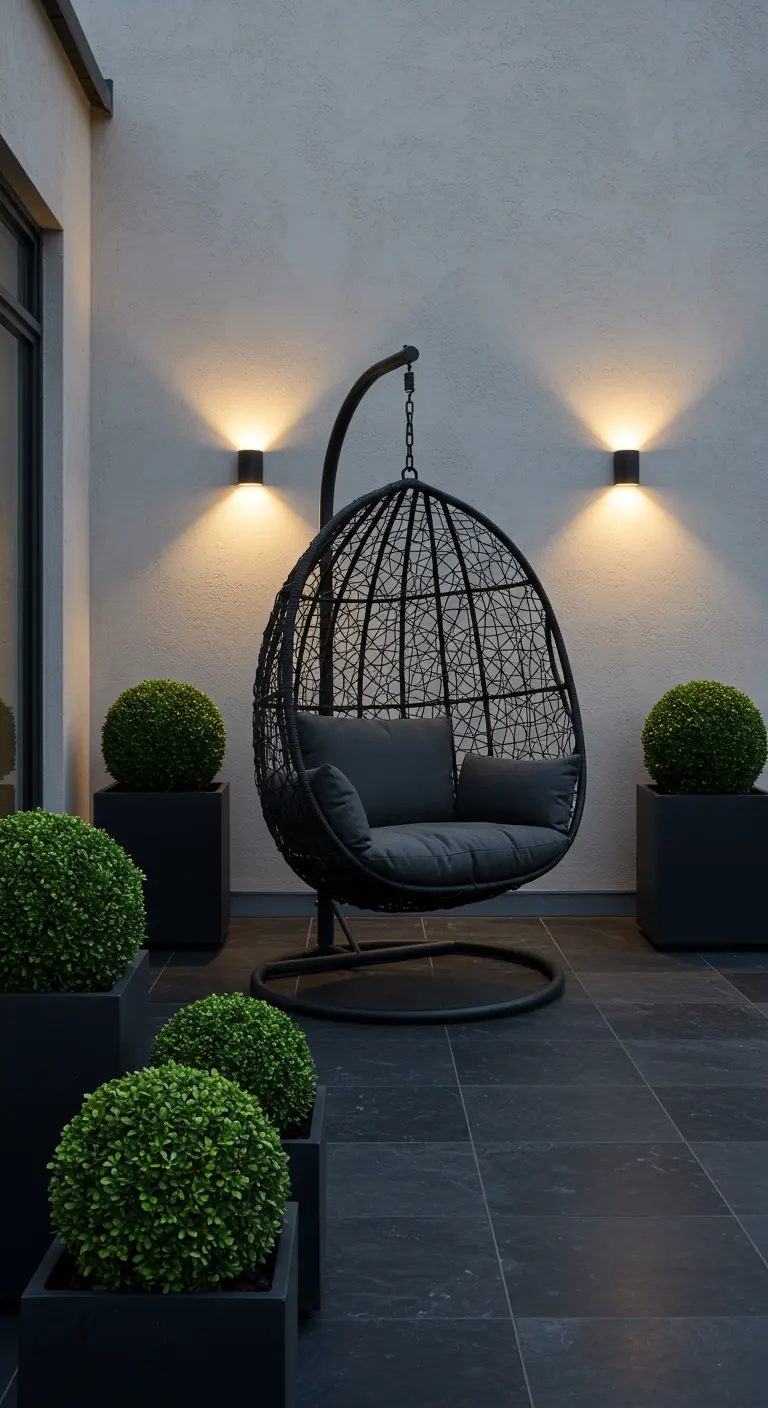 Zwarte design hangstoel met standaard op donker terras met buxusbollen en uplighters.