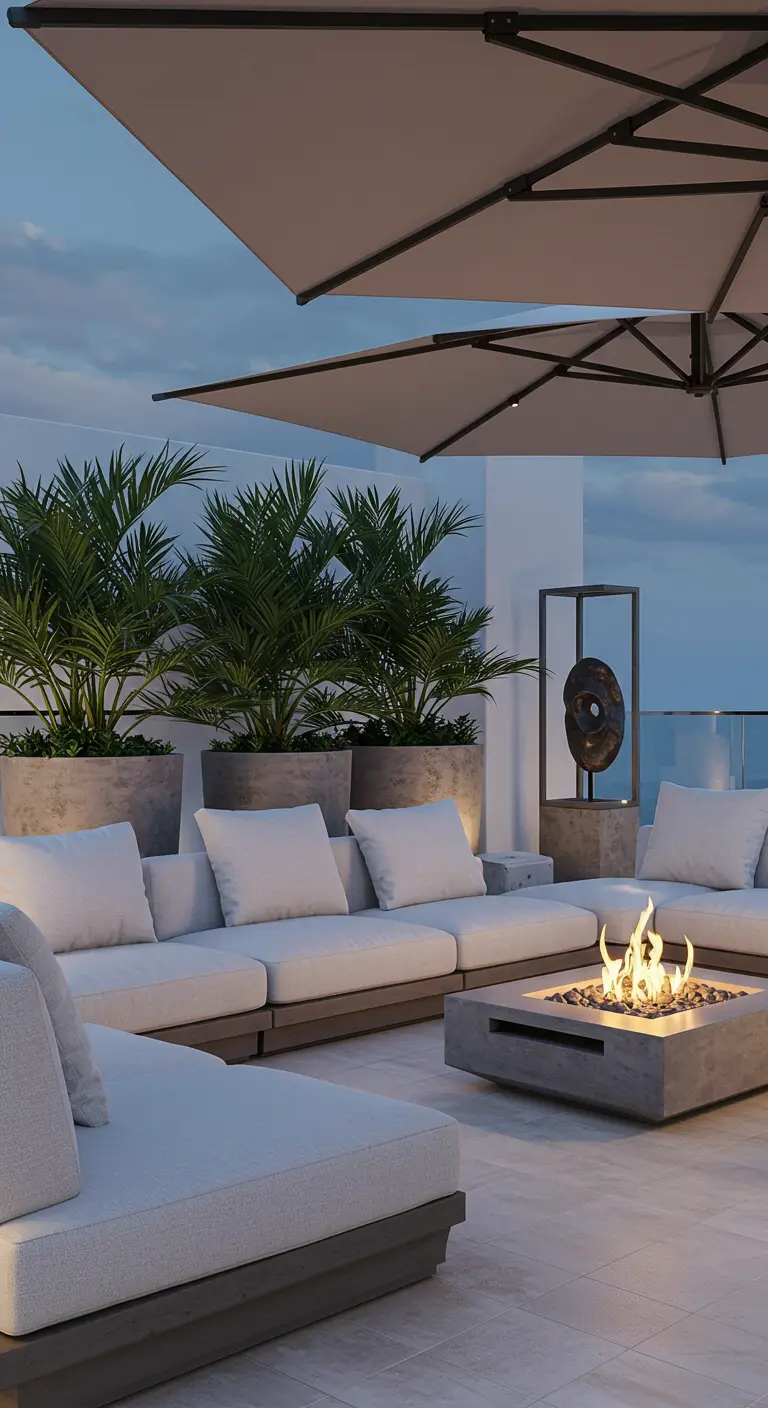 Modern dakterras met loungeset, vuurtafel, grote plantenbakken en parasols.