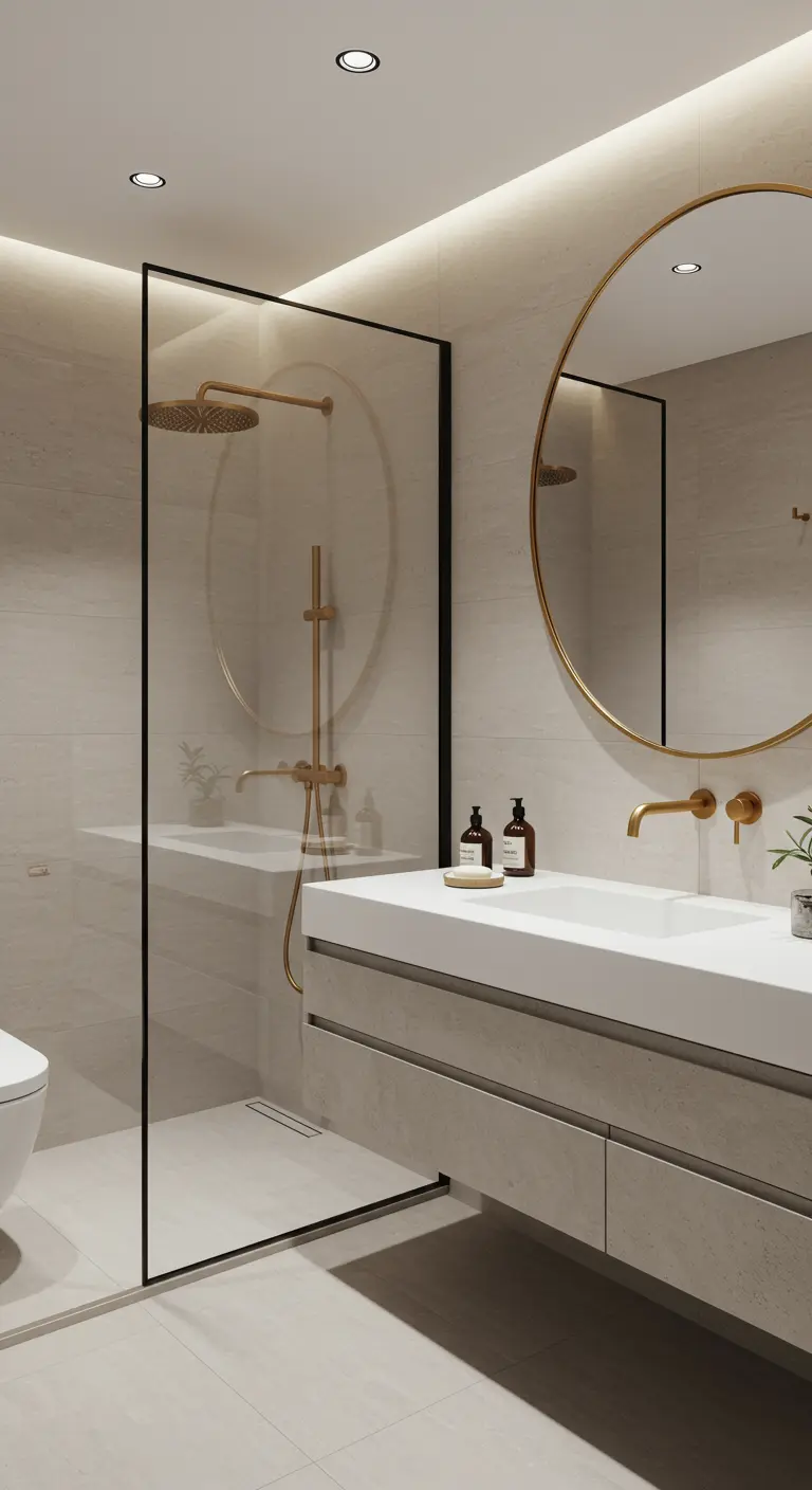 Moderne badkamer met lichte tegels, zwevende wastafel, gouden kranen en ronde spiegel.
