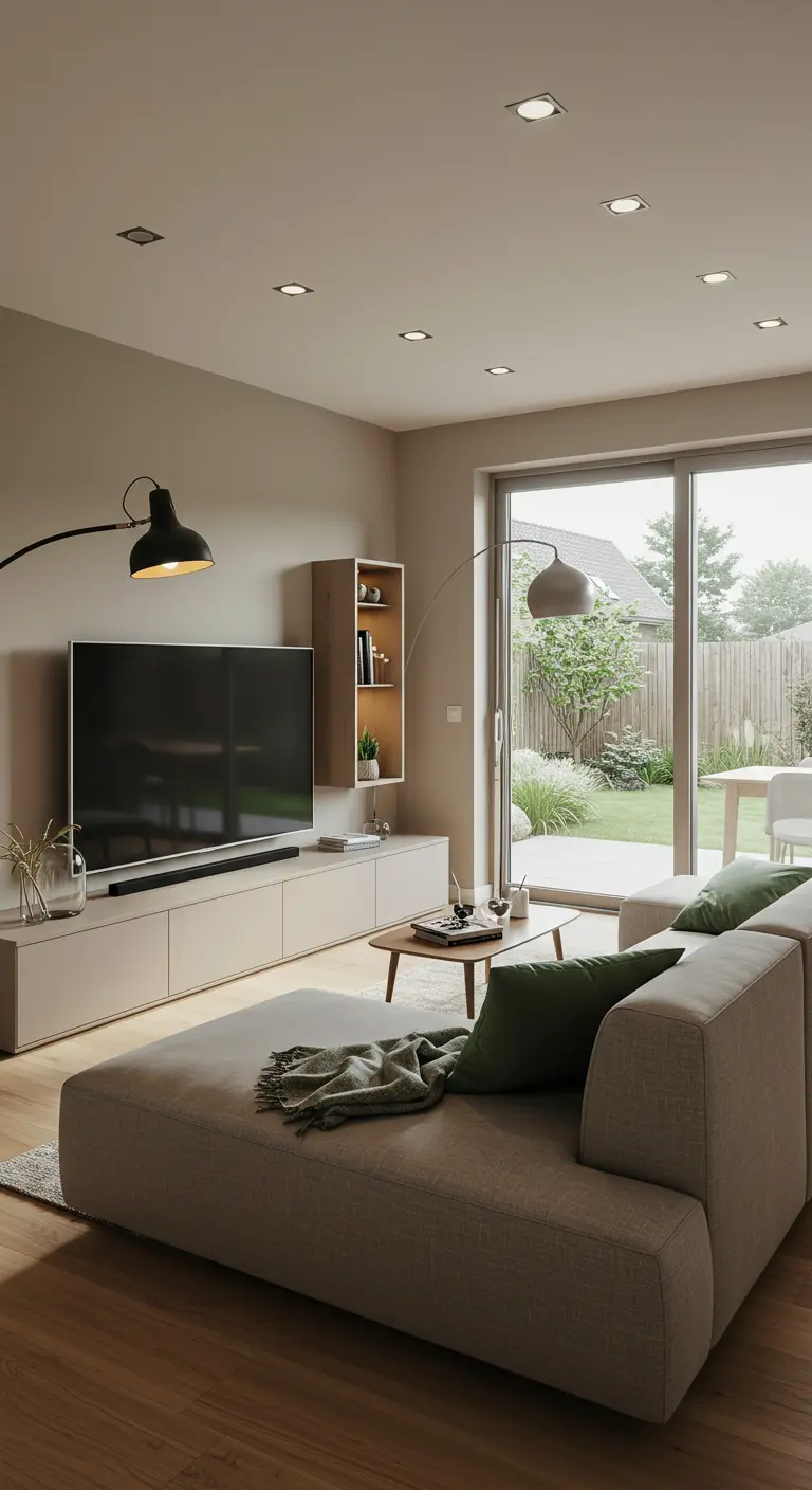 Moderne TV-hoek met lang beige meubel, grote bank en booglamp.