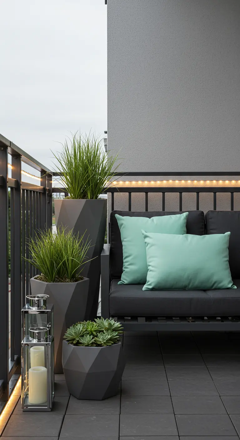 Modern balkon met antraciet bank, mintgroene kussens en geometrische plantenpotten.