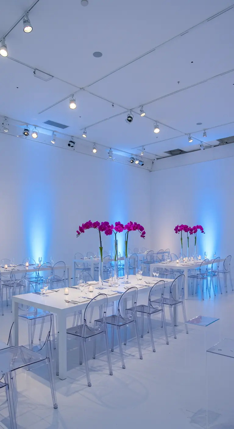 Moderne witte dinertafels met magenta orchideeën en blauwe uplighting.