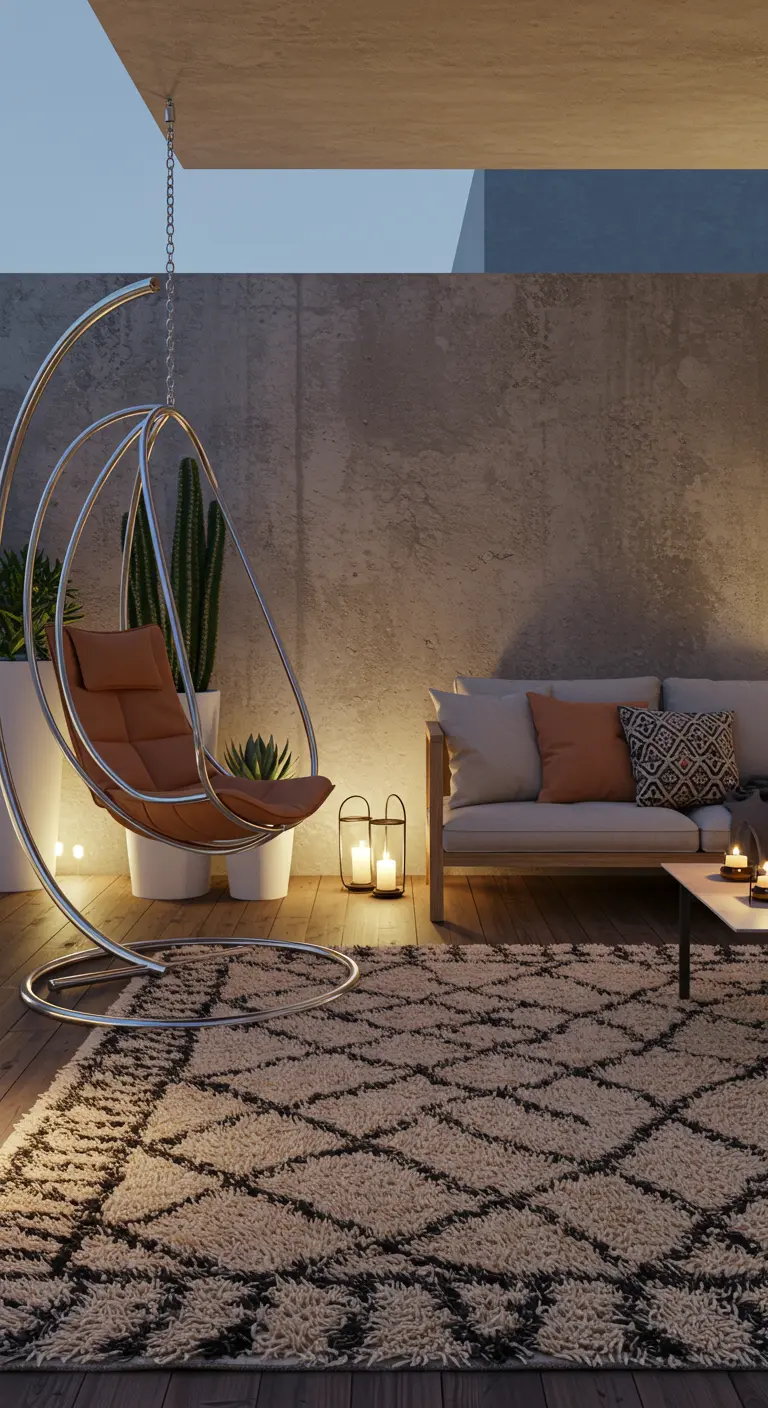 Zilverkleurige metalen design hangstoel met standaard op modern terras met geometrisch kleed.