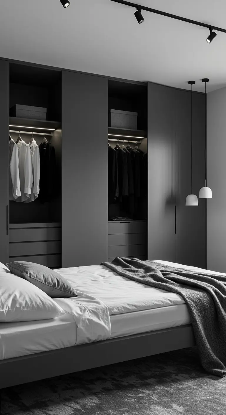 Moderne minimalistische slaapkamer met donkergrijze open kledingkast en strakke lijnen.