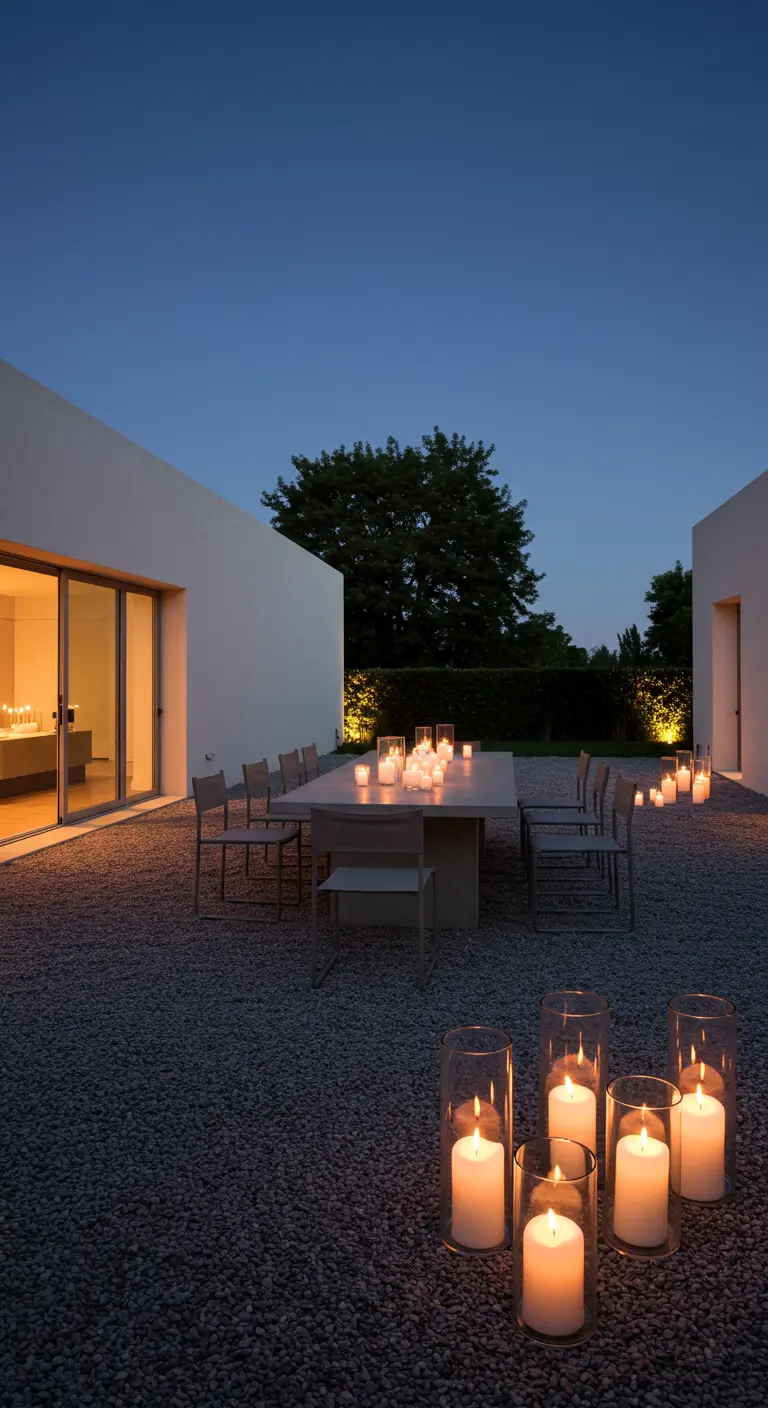 Moderne tuintafel op grind met grote windlichten en kaarsen.