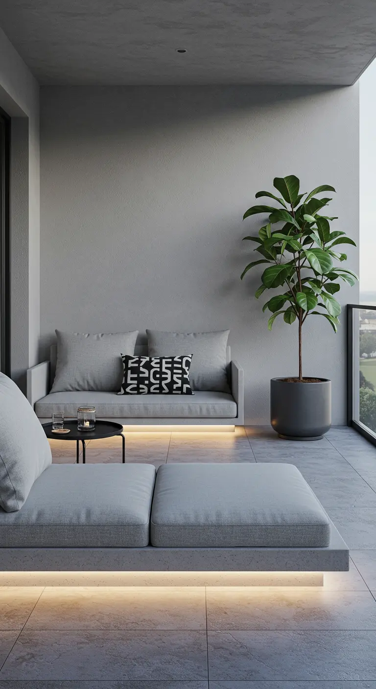 Grijze minimalistische loungeset op balkon met LED-verlichting onder de banken en een grote plant.