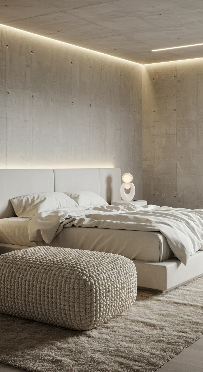 Moderne slaapkamer met betonnen muren en een grote, ronde, gebreide poef in crèmekleur.