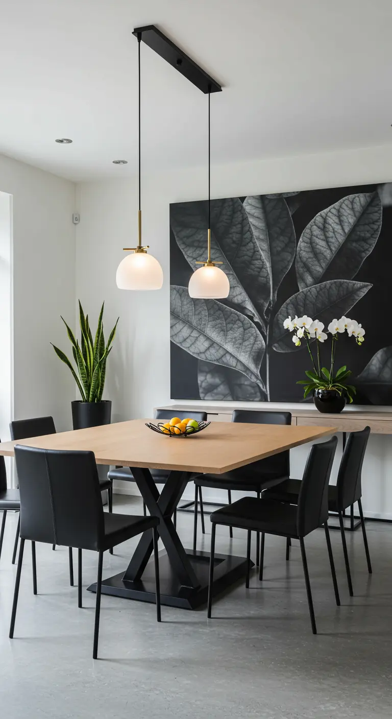 Moderne eetkamer met witte muren, houten tafel, zwarte stoelen, grote zwart-wit bladprint en een slangplant.