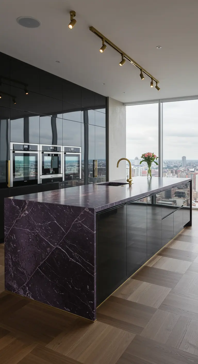 Moderne zwarte hoogglans keuken met panoramisch raam, donkerpaars marmeren eiland en messing kraan.
