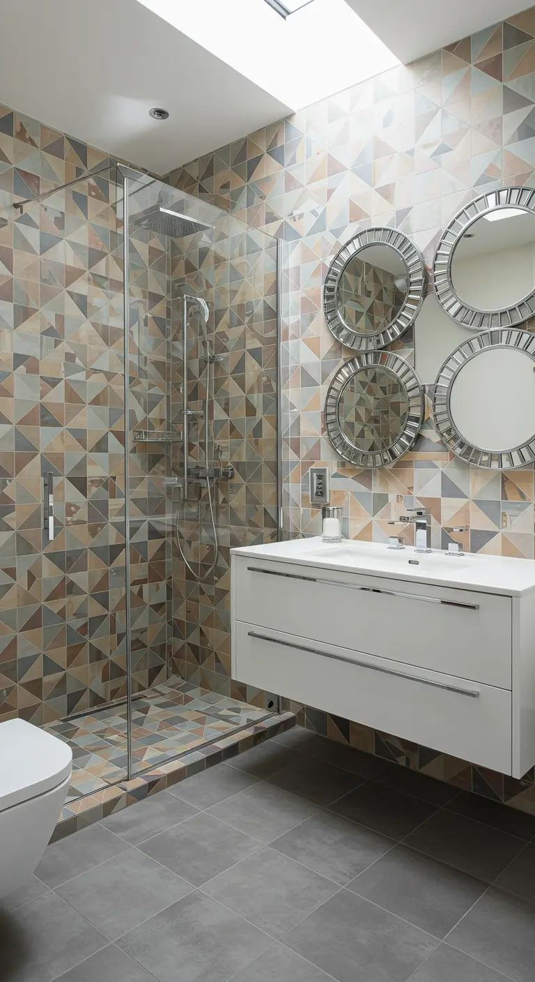 Badkamer met geometrische driehoekige tegels, zwevende wastafel en drie ronde spiegels.