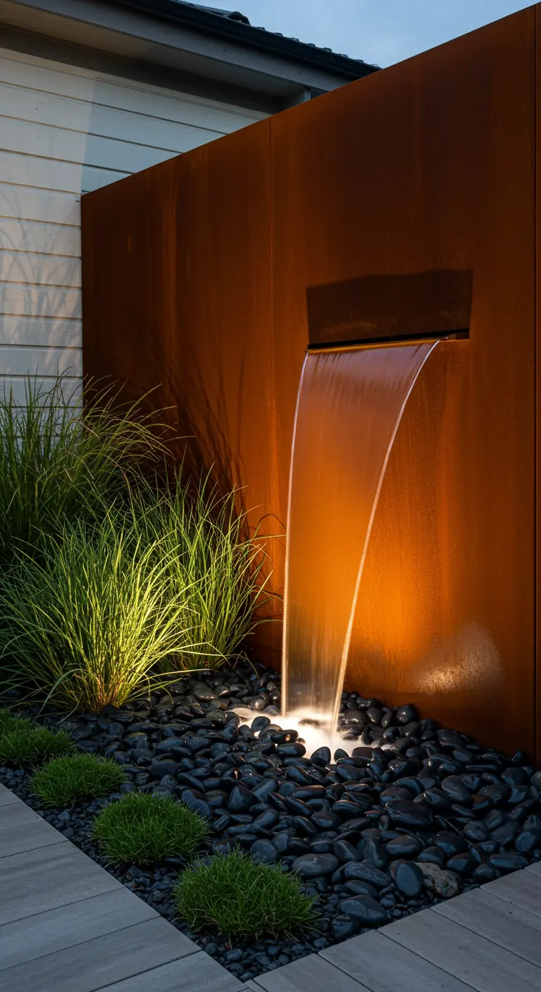 Moderne waterval uit cortenstalen wand, verlicht van onderen.