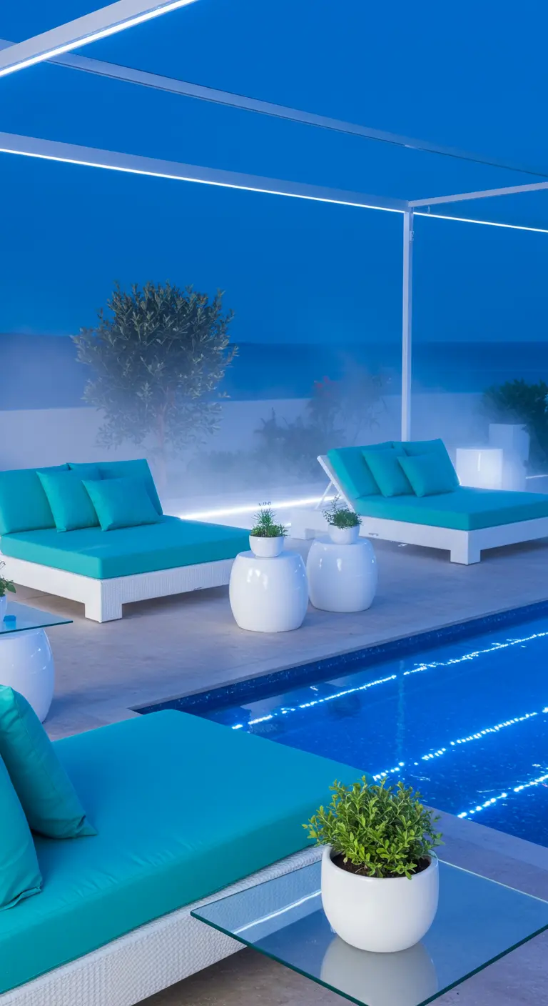 Modern zwembadterras met turquoise lounge meubels, palmbomen en blauwe LED-verlichting.