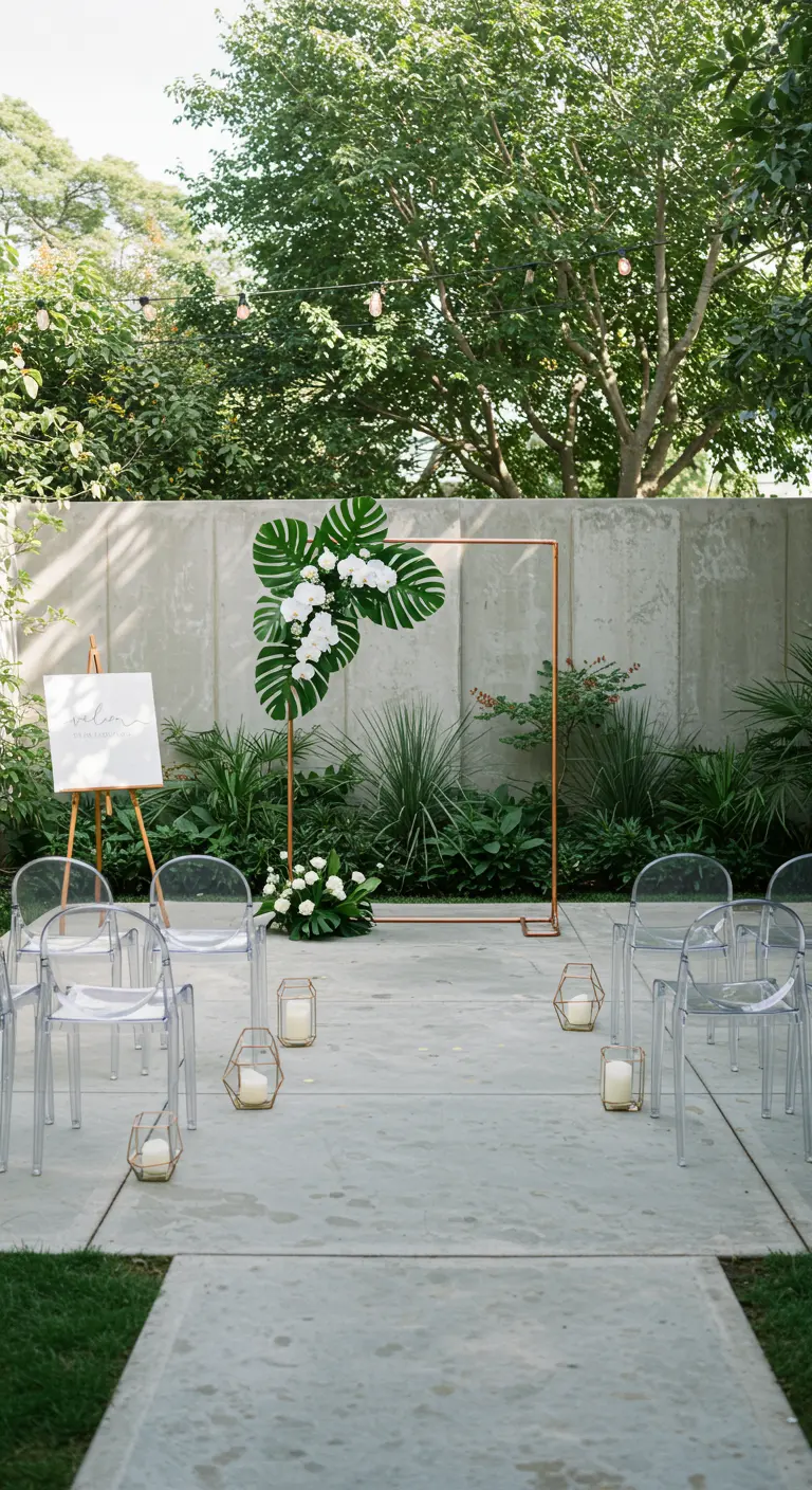 Moderne minimalistische trouwceremonie setting met koperen frame en tropische bladeren.