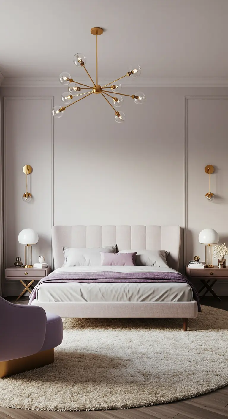 Pastelpaarse slaapkamer met gecapitonneerd bed, gouden Sputnik kroonluchter en gouden wandlampen.