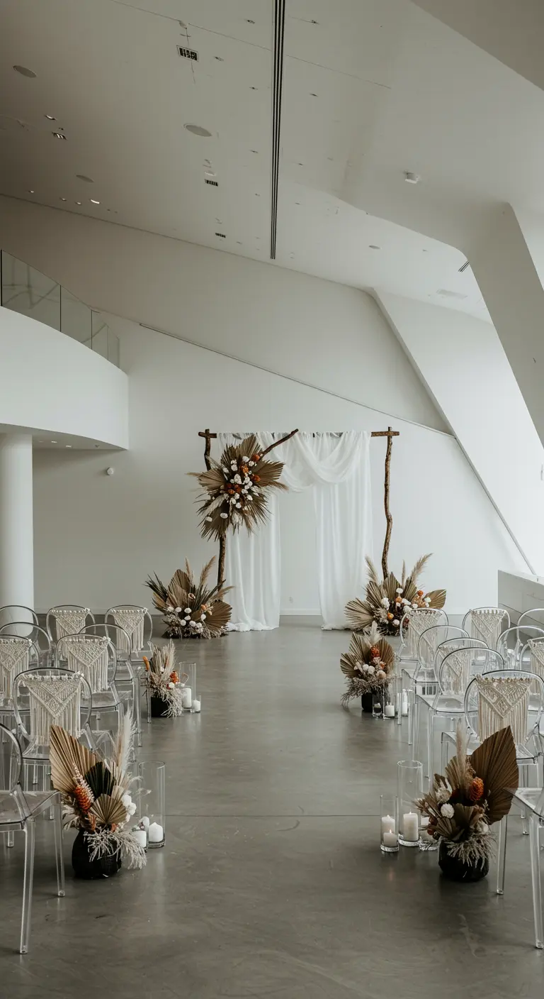 Moderne ceremonieopstelling met droogbloemen, pampasgras en transparante stoelen.