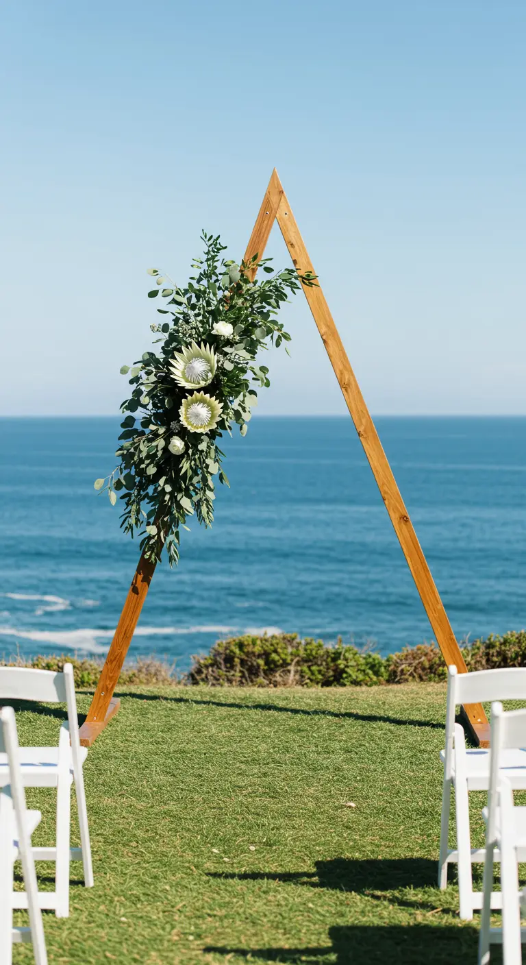 Houten driehoekige ceremonieboog aan zee, versierd met bloemen en groen.