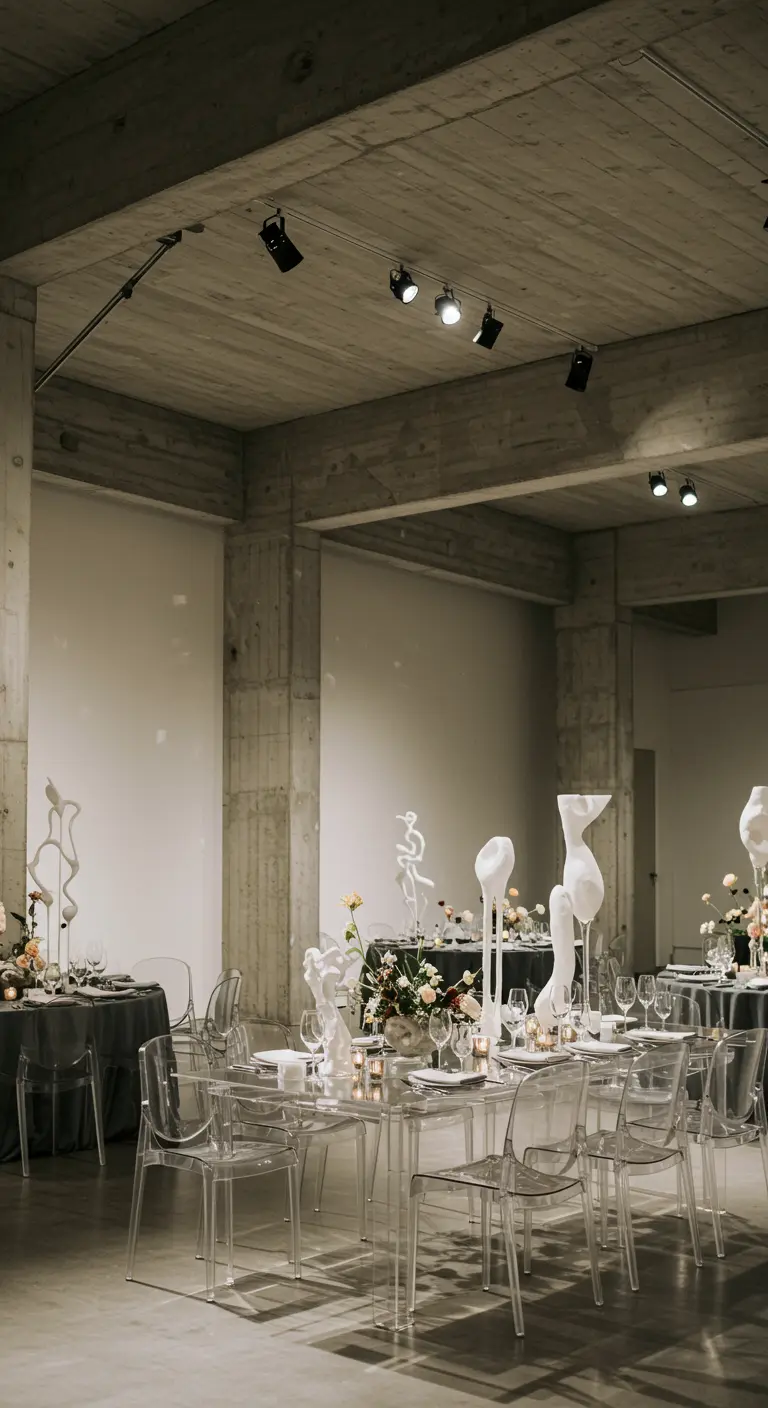 Minimalistische bruiloftsreceptie in een kunstgalerij met transparante stoelen en moderne kunst.