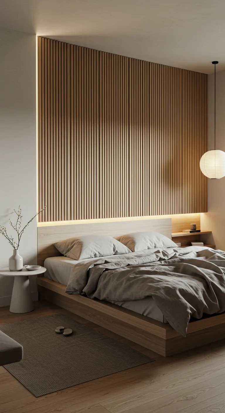 Minimalistische slaapkamer met verticaal latten hoofdbord en ingebouwde LED-verlichting.