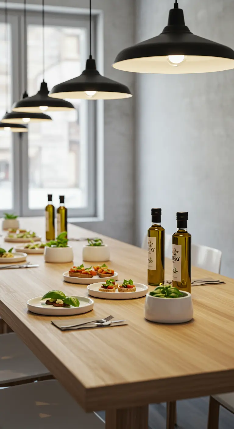 Lange houten tafel met minimalistische zwarte hanglampen, individuele gerechtjes en basilicum.