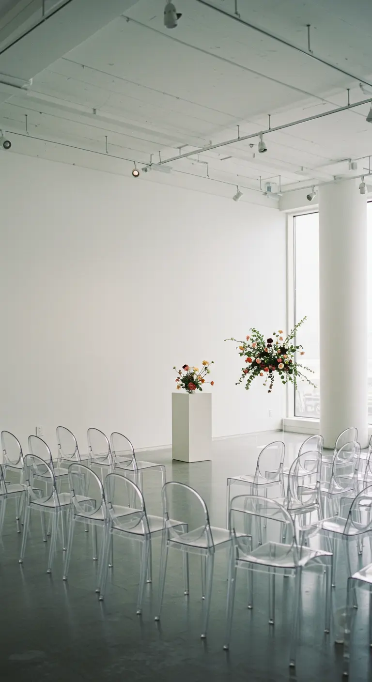 Minimalistische ceremonieopstelling met transparante stoelen en moderne bloemstukken op sokkels.