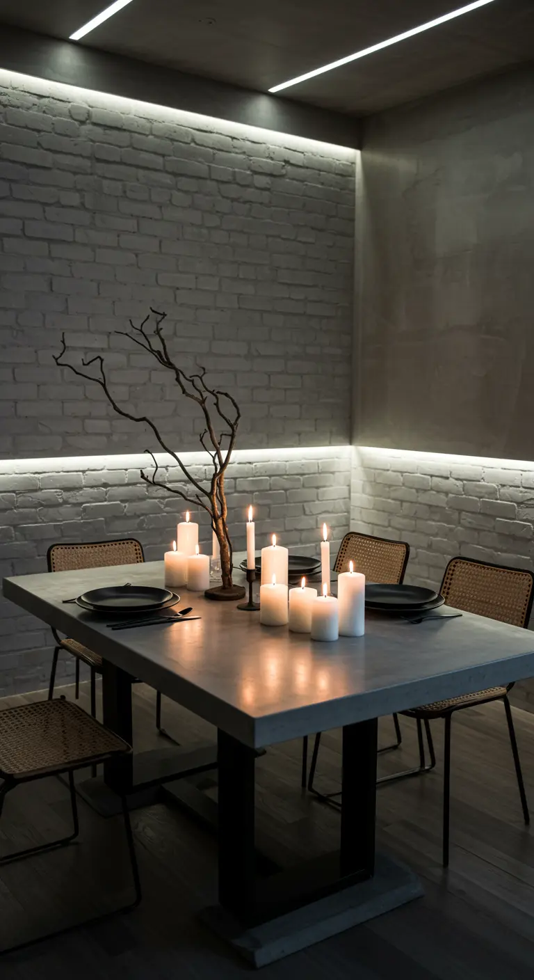 Moderne eethoek met betonnen tafel, witte kaarsen en indirecte LED-verlichting.