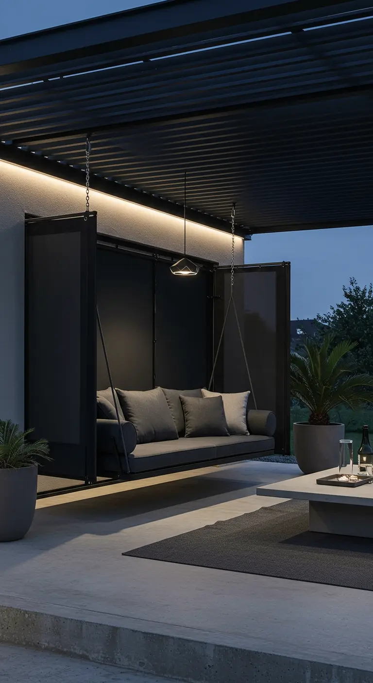 Strakke, moderne schommelbank in antraciet onder een overkapping met ingebouwde LED-verlichting en een modern buitentapijt.
