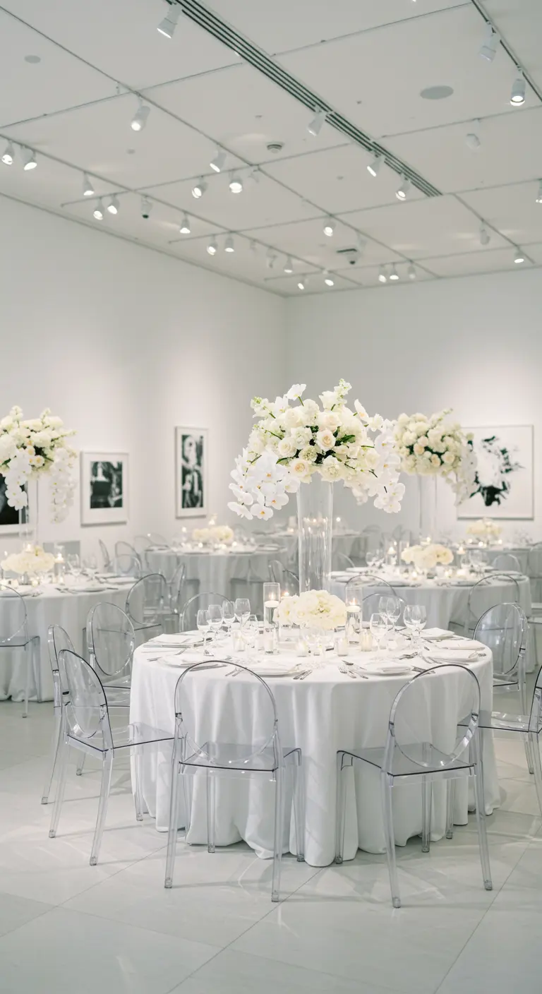 Moderne witte bruiloftssetting met ronde tafels, orchideeën en transparante stoelen.