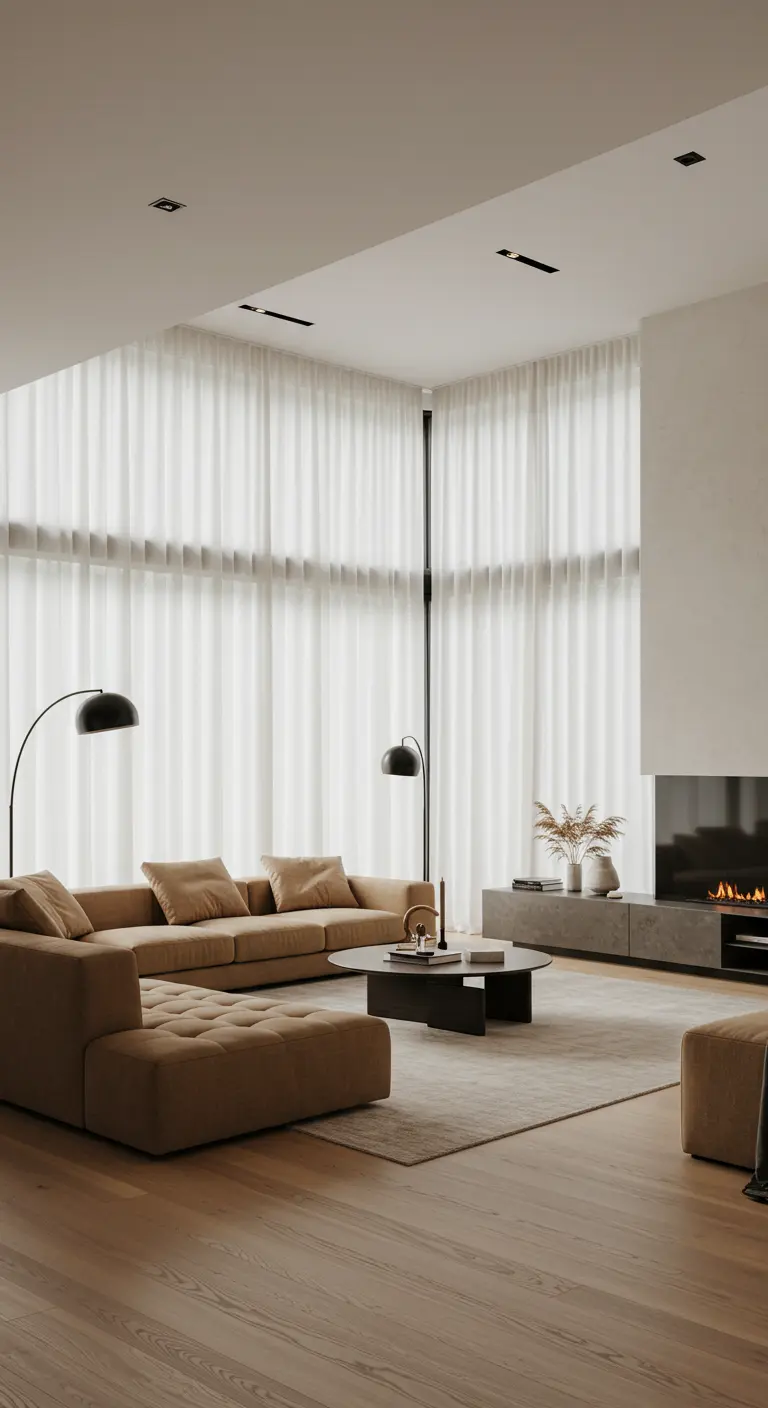 Grote, open woonkamer met hoge, transparante gordijnen en een beige hoekbank.